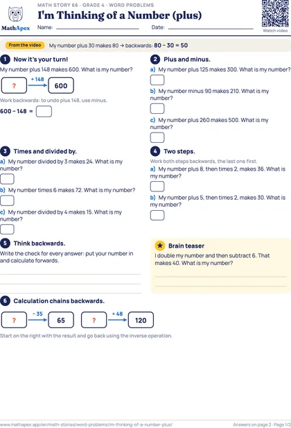 Word problems – I'm Thinking of a Number (plus) (Grade 4), Page 1
