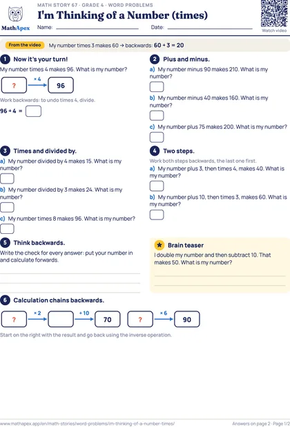 Word problems – I'm Thinking of a Number (times) (Grade 4), Page 1