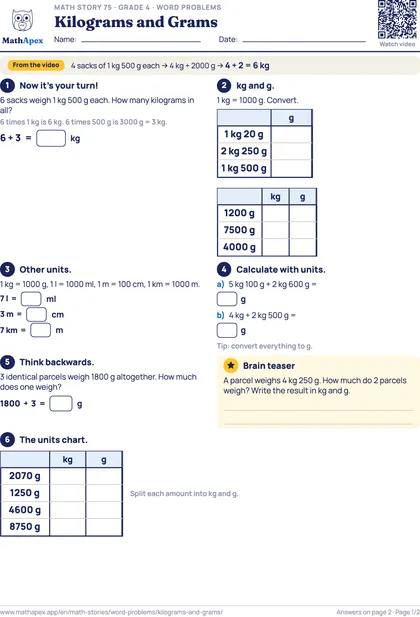 Word problems – Kilograms and Grams (Grade 4), Page 1