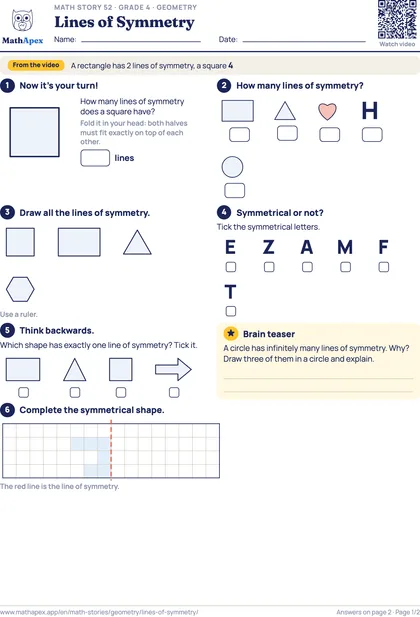 Geometry – Lines of Symmetry (Grade 4), Page 1