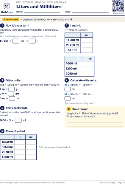 Word problems – Liters and Milliliters (Grade 4), Page 1