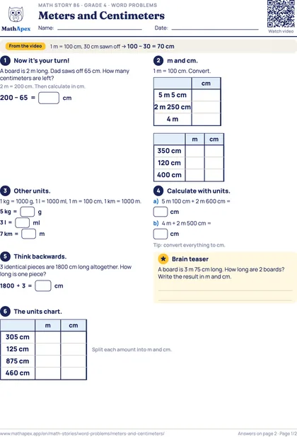 Word problems – Meters and Centimeters (Grade 4), Page 1