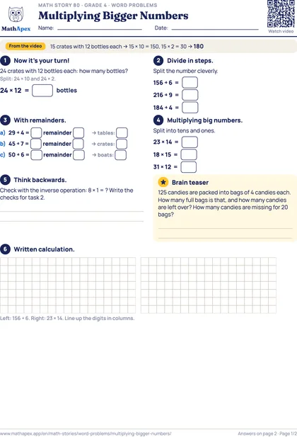 Word problems – Multiplying Bigger Numbers (Grade 4), Page 1