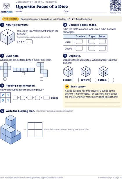 Geometry – Opposite Faces of a Dice (Grade 4), Page 1