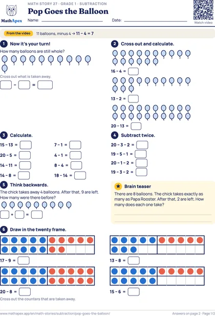 Subtraction – Pop Goes the Balloon (Grade 1), Page 1