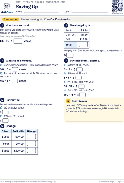 Word problems – Saving Up (Grade 4), Page 1