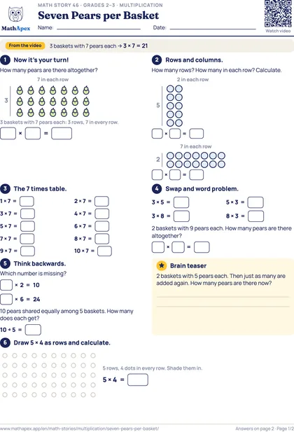 Multiplication – Seven Pears per Basket (Grades 2–3), Page 1