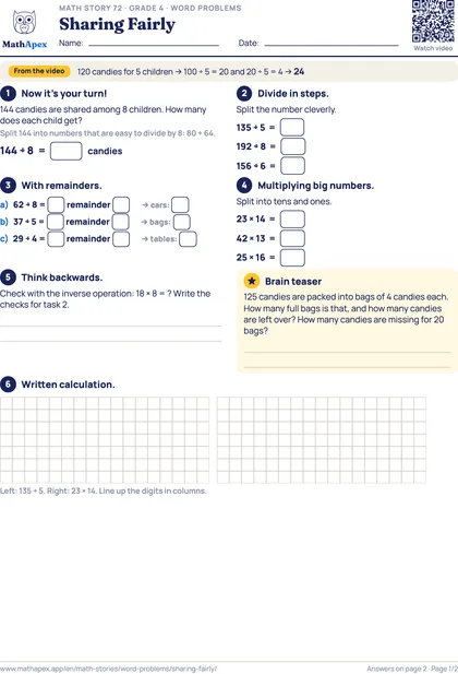 Word problems – Sharing Fairly (Grade 4), Page 1