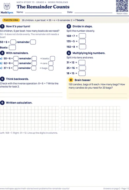 Word problems – The Remainder Counts (Grade 4), Page 1