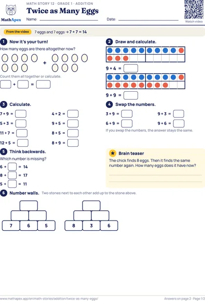Addition – Twice as Many Eggs (Grade 1), Page 1