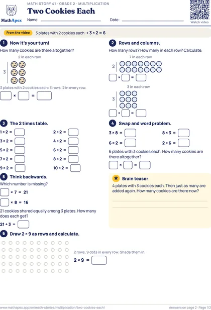 Multiplication – Two Cookies Each (Grade 2), Page 1