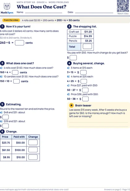 Word problems – What Does One Cost? (Grade 4), Page 1