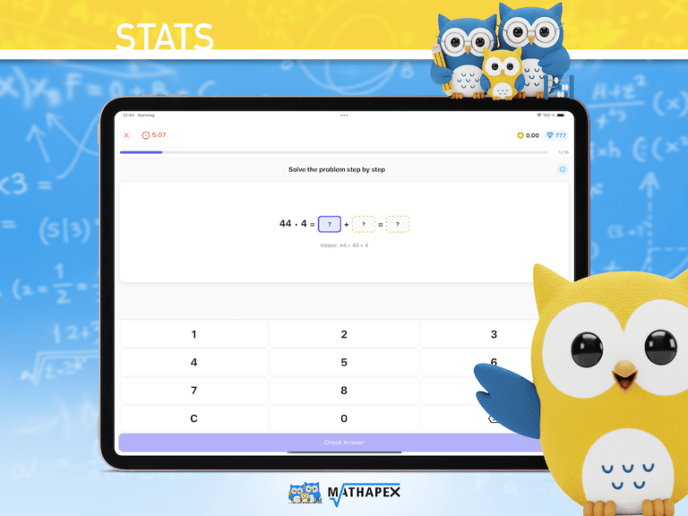 Math app screenshot showing 44 · 4 = ? + ? = ? with helper note: 44 = 40 + 4